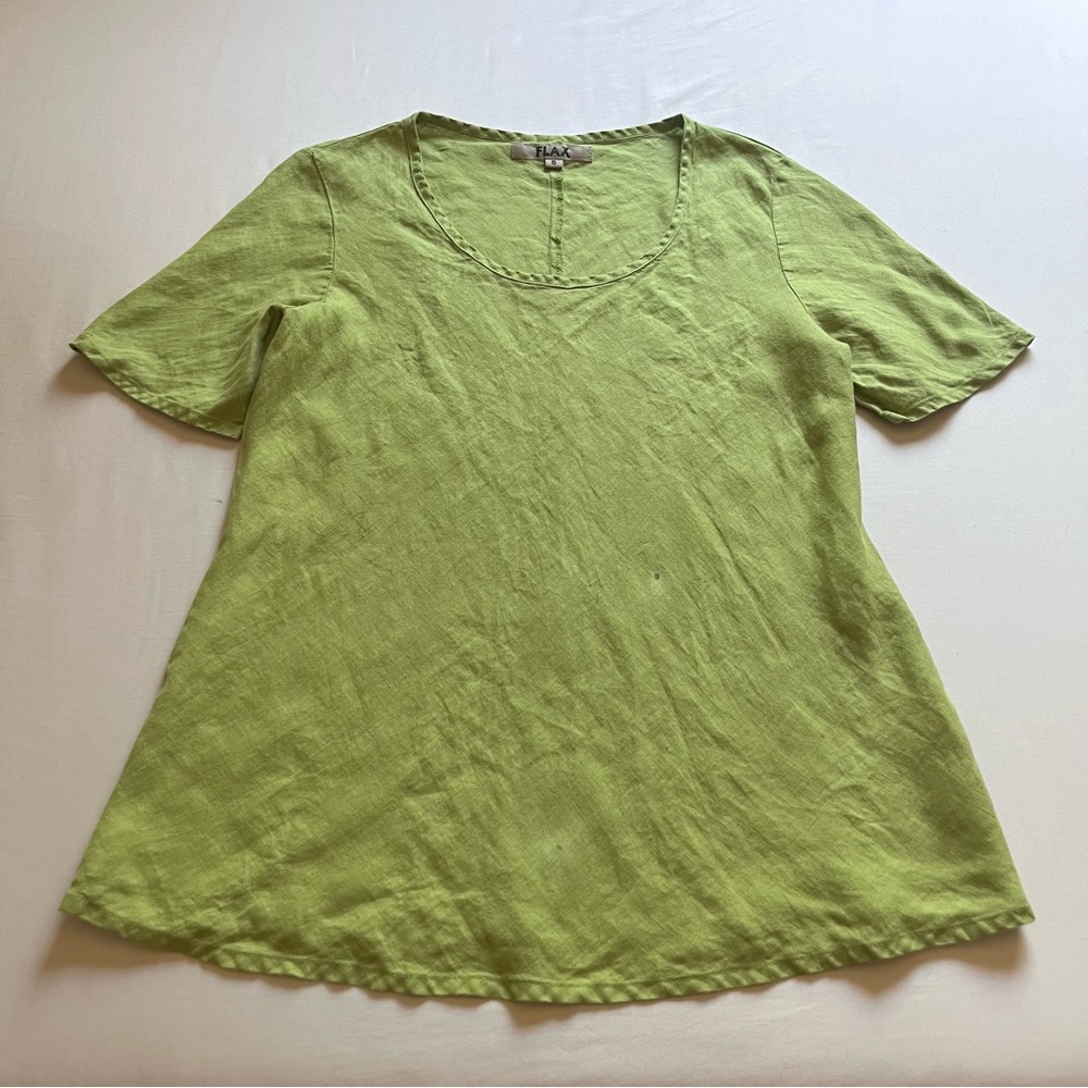 FLAX green linen short‎ sleeve scoop neck shirt top